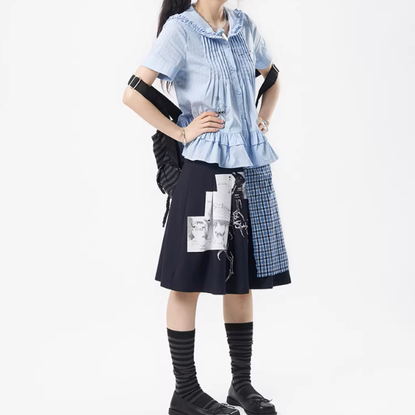 チェック切り替えアートプリントスカート《Z01111》