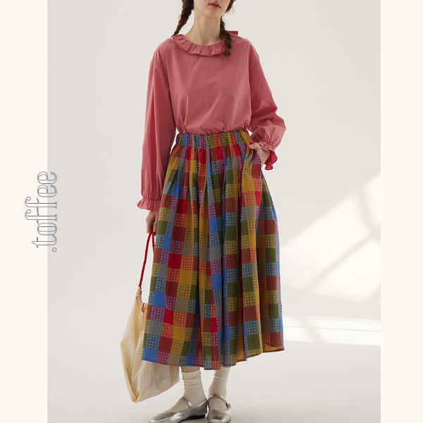 カラフルチェック柄ロングフレアスカート 《Z00786》
