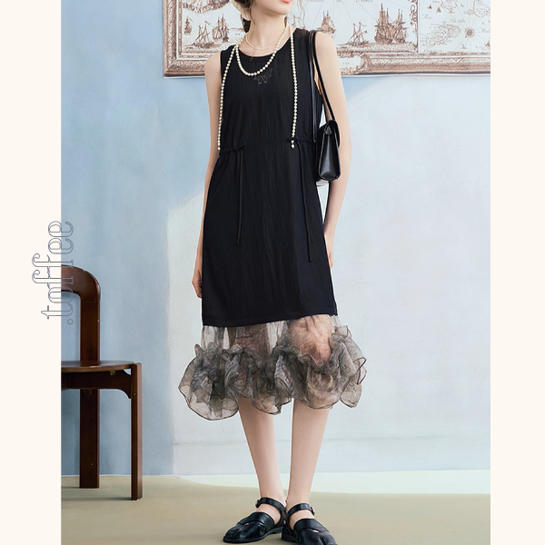 幻想チュールのノースリーブブラックワンピース《Z01061》