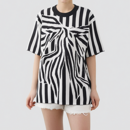 【2color】ストライプ×ゼブラ柄プリントニットトップ Z00215