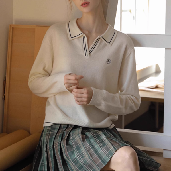 【2color】レトロ配色ポロカラーニットプルオーバー《Z01115》