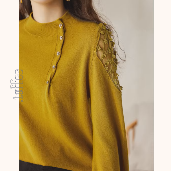 【3color】肩メッシュが映える*アシメボタンの上品ニット《Z01199》