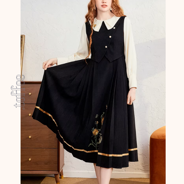 バイカラーと刺繍が映える上品プリーツワンピース《Z01207》