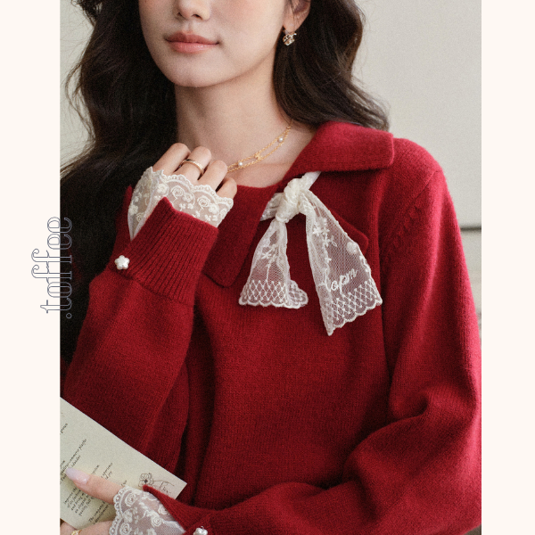 【3color】星降る午後のレース襟ニット《Z01142》