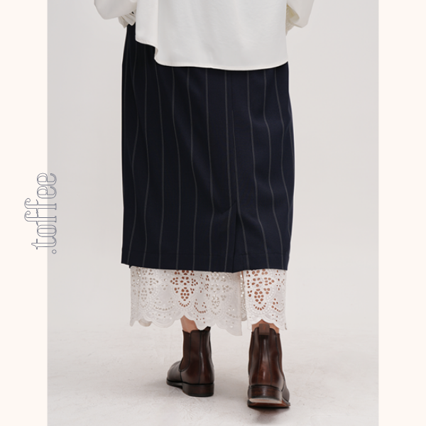 ネイビーストライプ&レース重ね着スカート Z00477