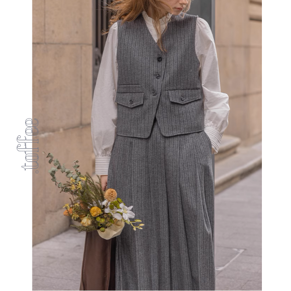 【3color】チェック柄リボン装飾ジレ&ミモレ丈プリーツスカートセットアップ《Z00858》