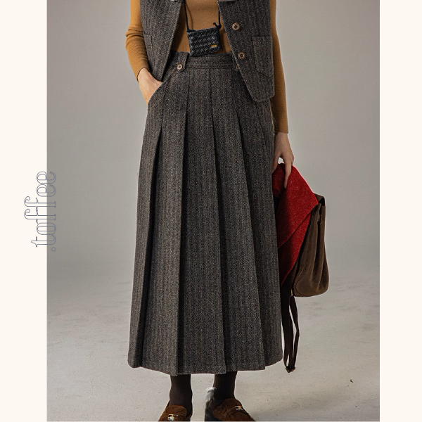 【2color】ベルトディテールチェック柄ベスト&ロングプリーツスカートセットアップ《Z00856》