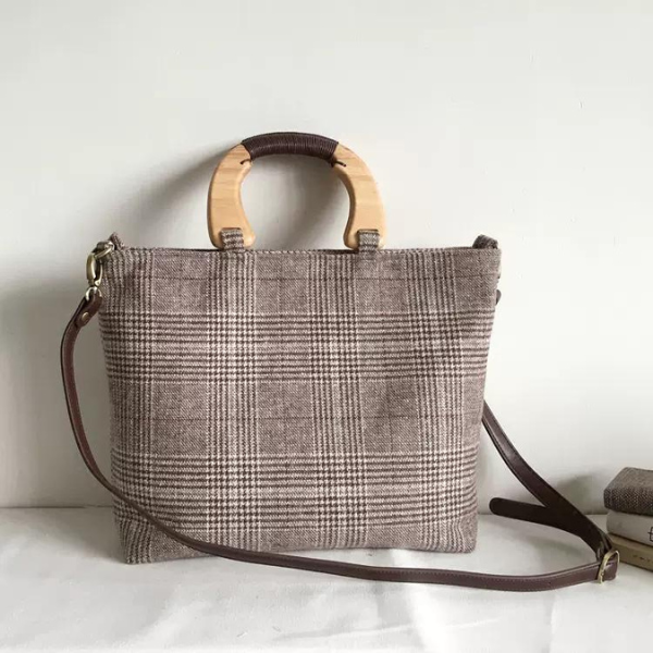 ウッドハンドルチェック柄バッグ w-054