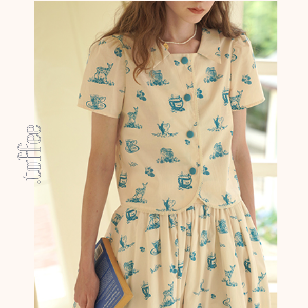 カントリー風アニマルプリント半袖シャツ&ミドル丈スカートのセットアップ 《Z00751》