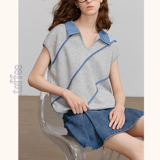 斜めラインVネックフレンチスリーブトップス《Z00922》