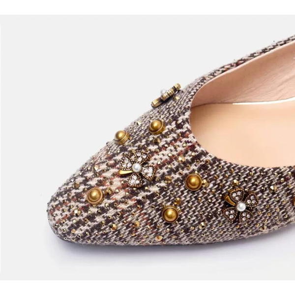 スタッズデコレーションチェックパンプス w-125