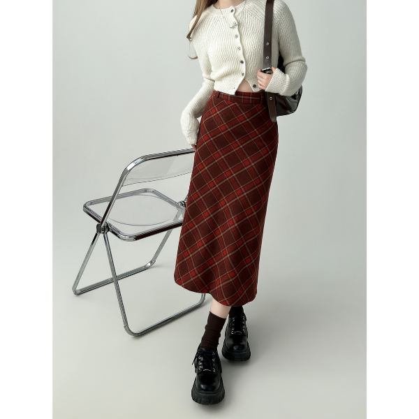 タータンチェックAラインロングスカート X-515
