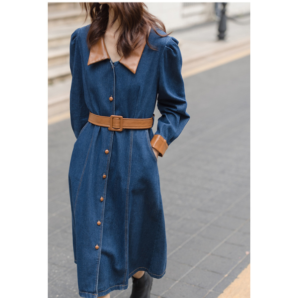 異素材ミックスバイカラーデニムワンピース AU-225