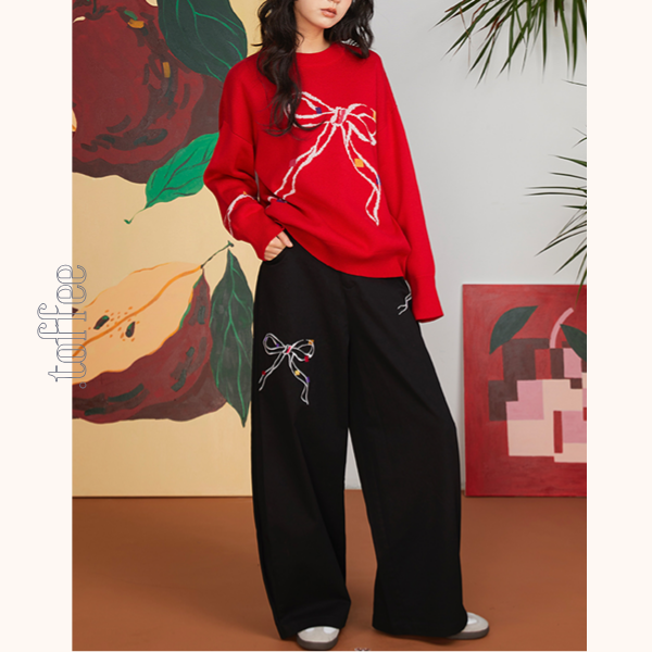 リボン刺繍ルーズストレートパンツ 《Z00700》