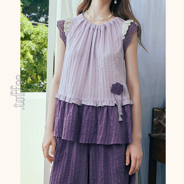 フリルスリーブトップ&ワイドパンツセットアップ《Z00966》