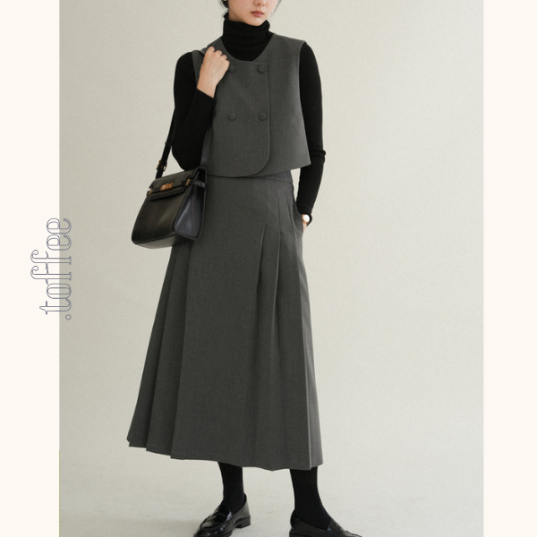 ノーカラークロップド丈ジャケット&Aラインロングスカートセットアップ 《Z00761》