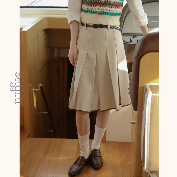 【2color】コントラストカラーヘムプリーツスカート《Z00834》