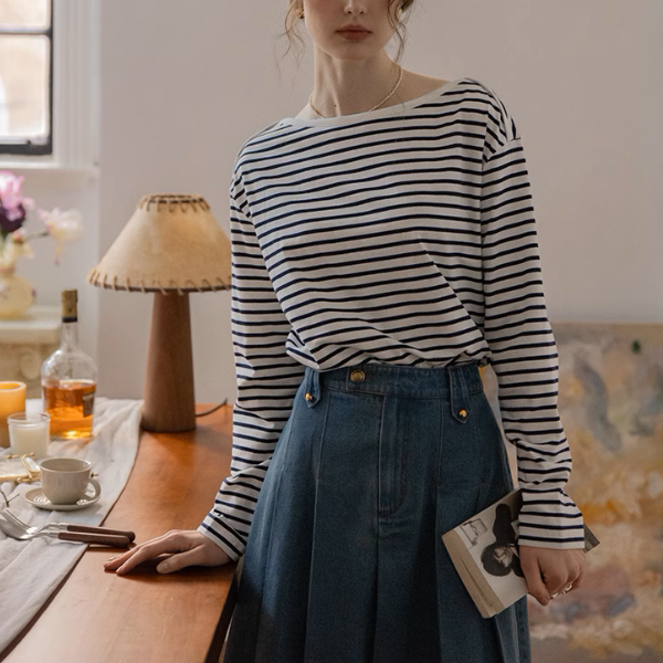 【2color】ボートネックストライプTシャツ《Z00852》