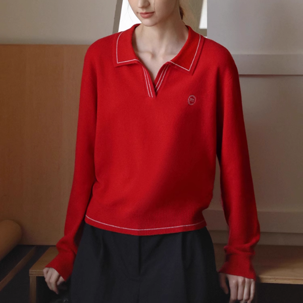 【2color】レトロ配色ポロカラーニットプルオーバー《Z01115》