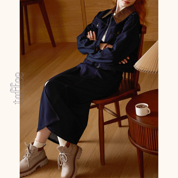 ジップジャケット&フロントスリットロングスカートのデニムセットアップ Z00475