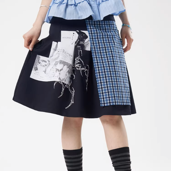 チェック切り替えアートプリントスカート《Z01111》