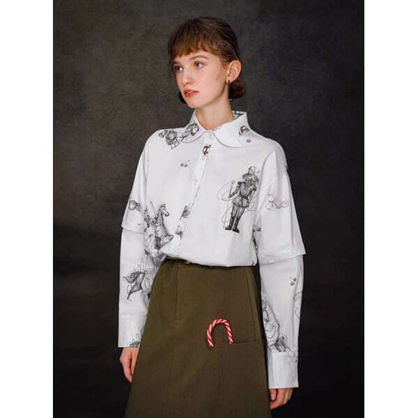 【2color】くるみ割り人形プリント2WAYスリーブシャツブラウス C0108