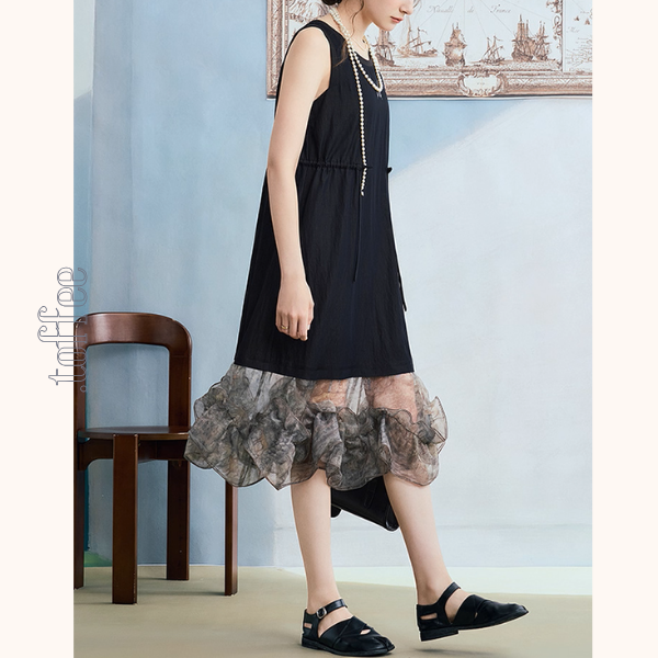 幻想チュールのノースリーブブラックワンピース《Z01061》