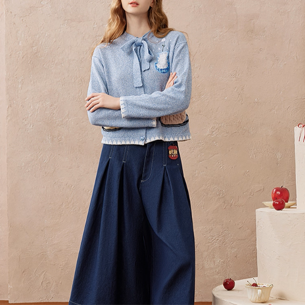 リボンタイ付き刺繍ポケットカーディガン《Z01104》