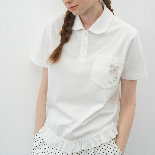 フリル裾花刺繍ポケット付き半袖トップス《Z01107》