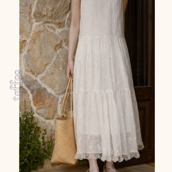 レース&アイレット刺繍ロングティアードワンピース《Z00888》