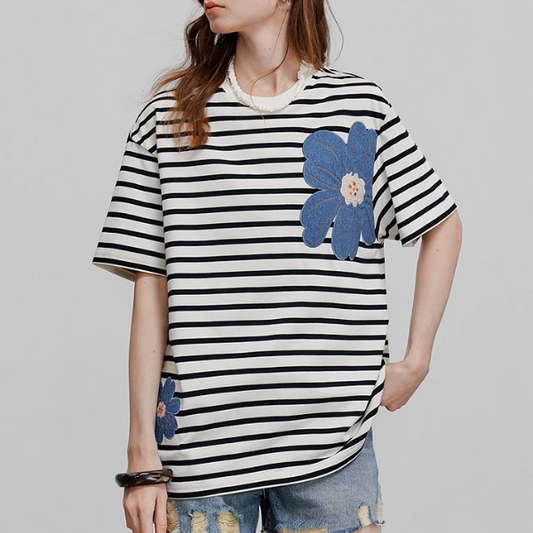 【3pattern】フラワーパッチワークオーバーサイズTシャツ《Z00935》