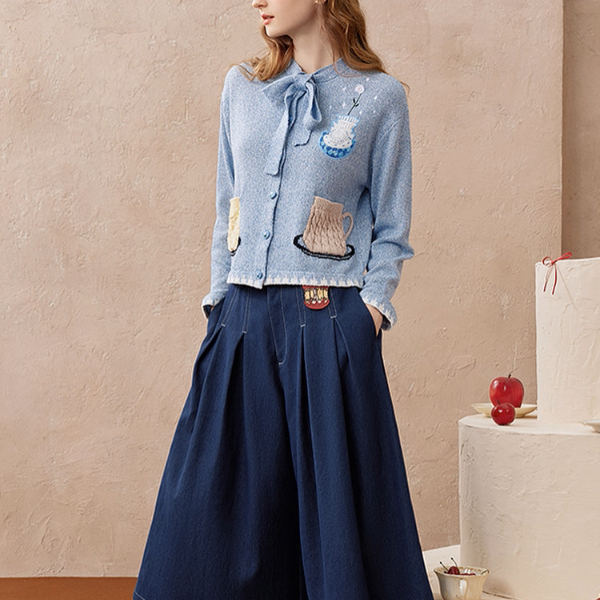 リボンタイ付き刺繍ポケットカーディガン《Z01104》