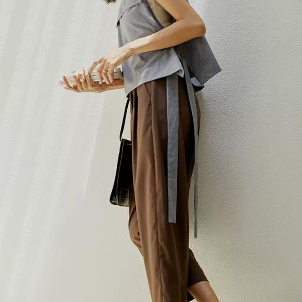 エッジボタンステッチクロップドパンツ w-013