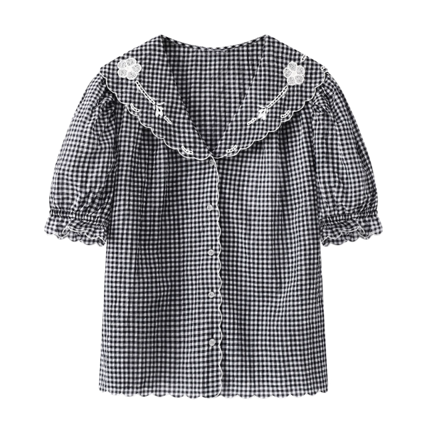 ギンガム刺繍ブラウス&ショートパンツセットアップ《Z01038》