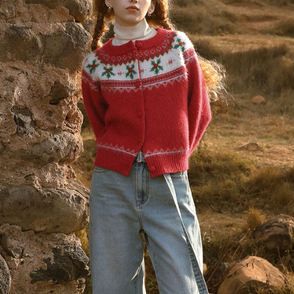 【2color】草花咲くヨーク刺繍のクロップドカーディガン《Z01078》