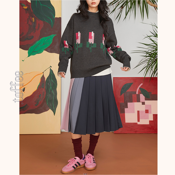 コントラストカラーミモレ丈プリーツスカート 《Z00701》