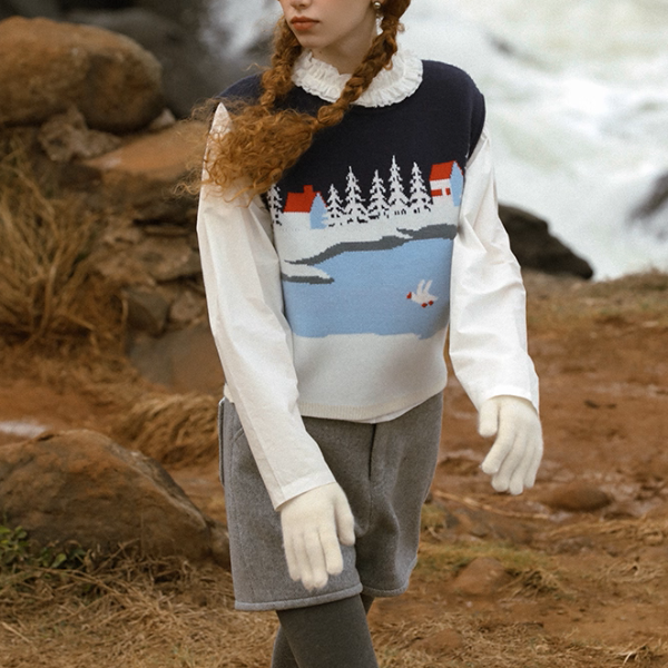 冬景色を描くレトロニットベスト《Z01082》