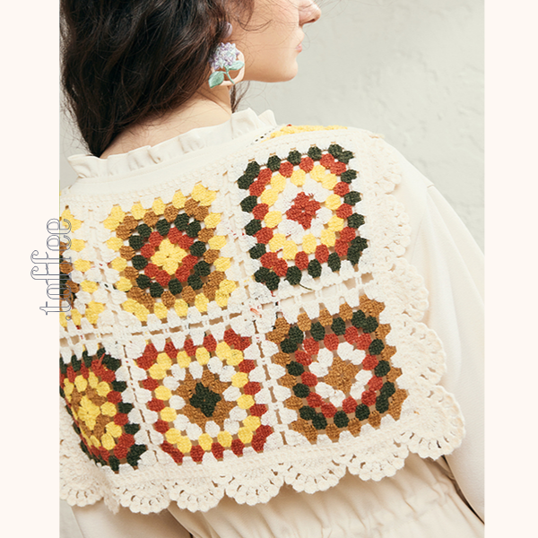 マルチカラーかぎ編みレースタイ付きAラインワンピース 《Z00678》