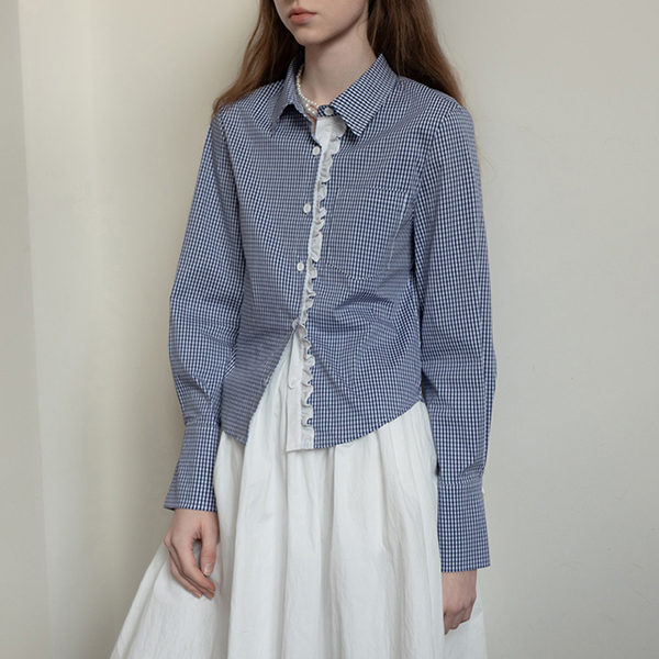ギンガムチェック柄レースディテールシャツ 《Z00739》