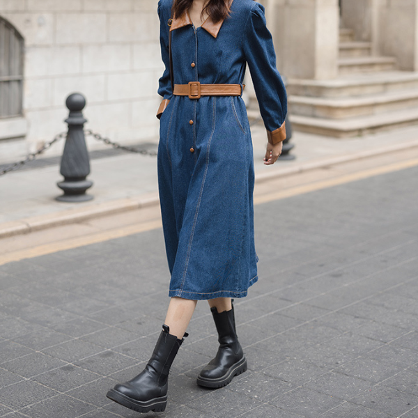 異素材ミックスバイカラーデニムワンピース AU-225