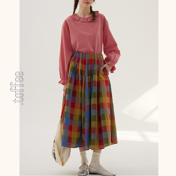 カラフルチェック柄ロングフレアスカート 《Z00786》