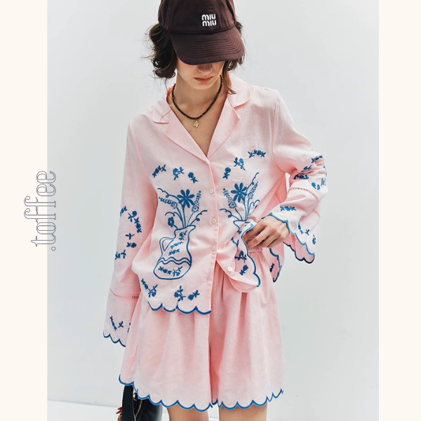 フラワーベース刺繍シャツ&ショートパンツセットアップ《Z01006》