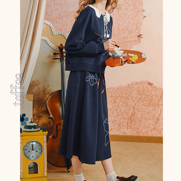 かぎ針襟と花刺繍のネイビーセット《Z01135》
