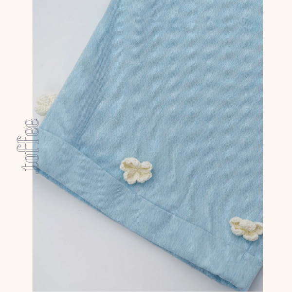 花咲く裾刺繍のブルーワイドパンツ《Z01071》