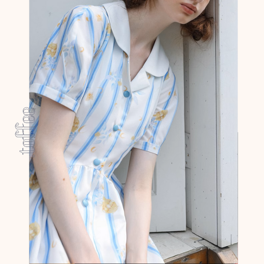 花柄&ストライプフレンチシャツワンピース《Z00879》