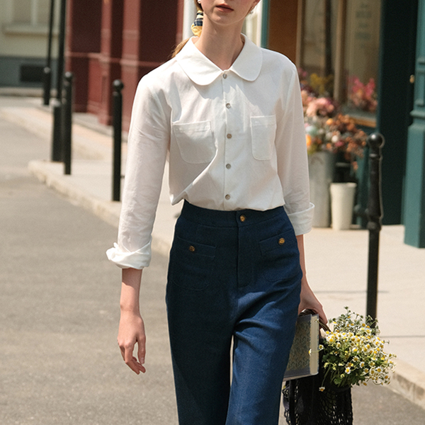 【3color】丸襟パッチポケット付きベーシックシャツ 《Z00742》