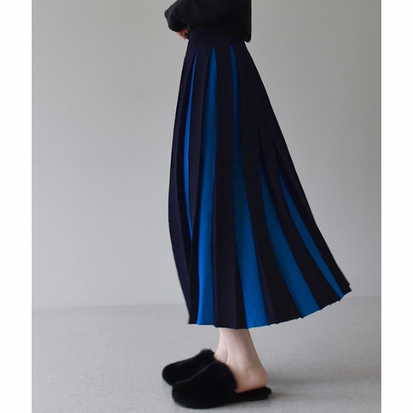 【6color】バイカラープリーツスカート w-079