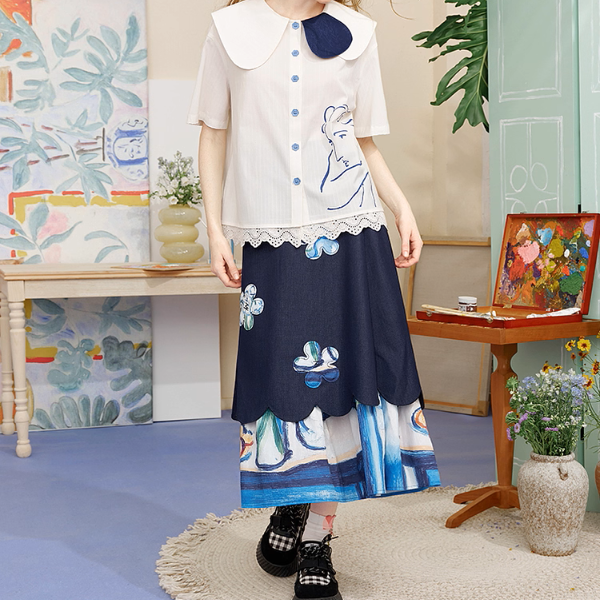 レトロ可愛い花刺繍レイヤードスカート《Z01056》