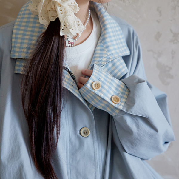 無地×ギンガムチェックのコントラストカラーバルーンジャケット 《Z00765》