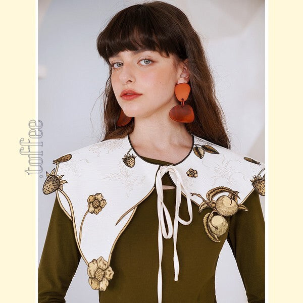 【2color】果物モチーフの植物画刺繍:ロマンティックフェアリーケープ C0168